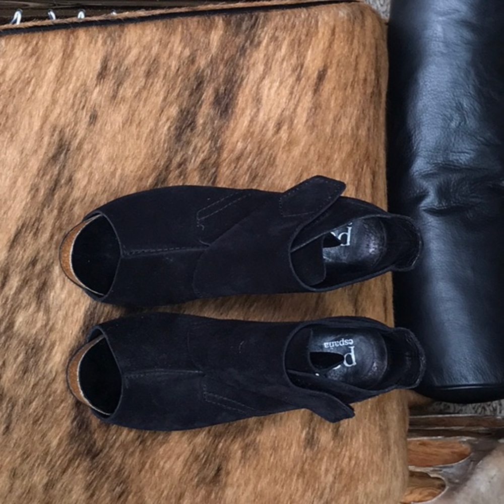 Black suede peep toe booties